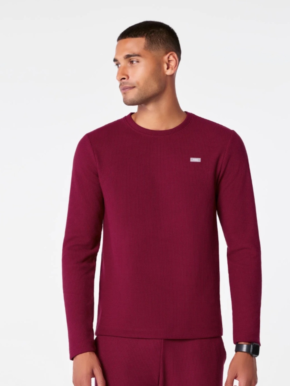 FIGS Men's Off-Shift Waffle Crewneck Top in Deep Cranberry xl